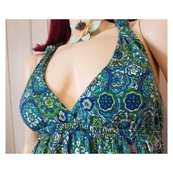 Vintage 90s Groovy Floral Print Babydoll Coquette Halter Mini Dress - Picture 4 of 7